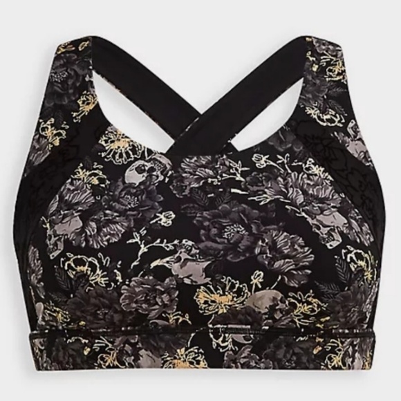 Torrid Plus Floral Skull Print Lace Inlay Racerback Sports Bra Sz 5 Black Foil - Picture 4 of 12